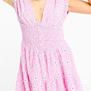 Pink Floral Dress w/Ruched Button Bodice & Deep Plunge Front/Back